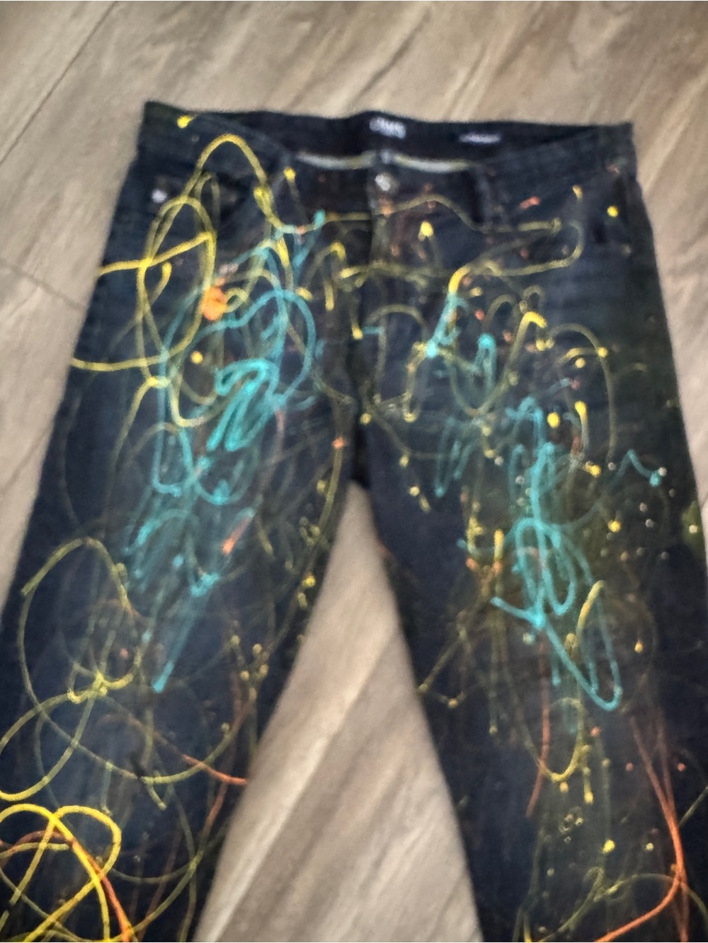 OOAK Hand Painted Chaps Custom Slim Straight Jeans Neon Abstract Art 36x28
